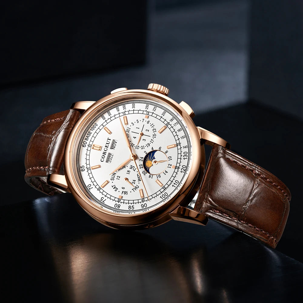 Corgeut 42mm Automatic Men's Watch Date Day Month Year Rose Gold Dial Multifunction 316L Leather Strap Polished Case Day Night