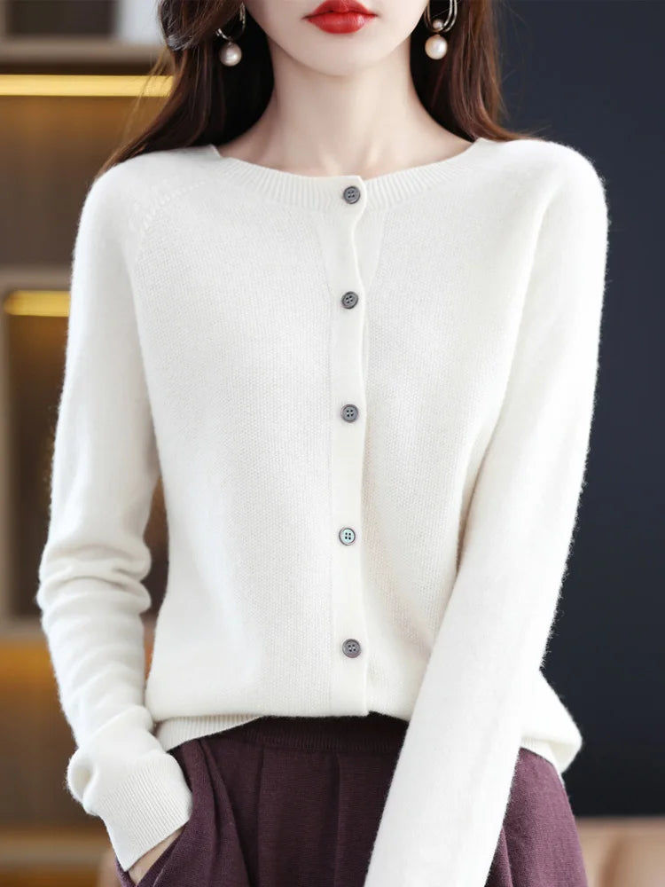 New Fashion 100% Merino Wool Women's O-neck Cardigan Cashmere Sweater 2025 Female Clothing Grace Knitwear Korean Tops