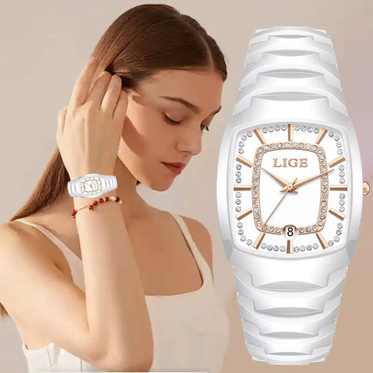 LIGE New Women Watches Creative Women Ceramic Bracelet Wrist Watches Ladies Square Waterproof Female