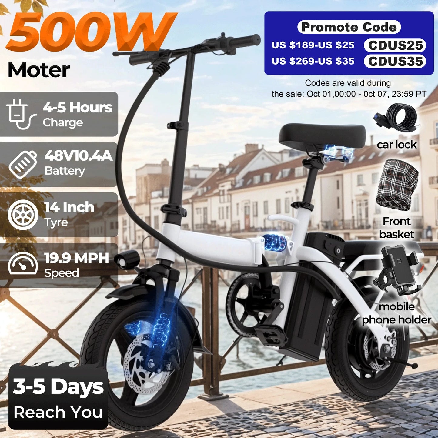 14-inch electric bike, easy to fold, adult commuter electric bike, 500W motor, removable battery, 20-mile maximum range