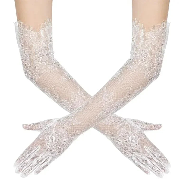 Sexy Thin Women Lace Flower White Black Long Gloves Transparent Mesh Eyelash Tulle Bridal Wedding Party Dress Accessories