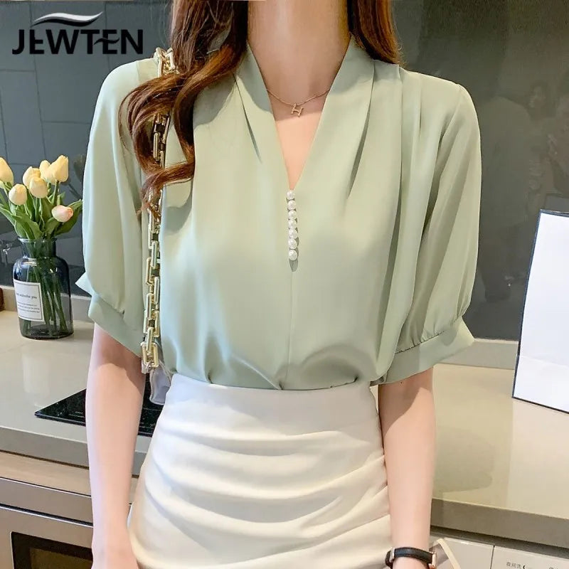 Women Summer Style Blouses Shirts Lady Casual Short Puff Sleeve V-Neck Beading Decor Blusas Tops WY1035