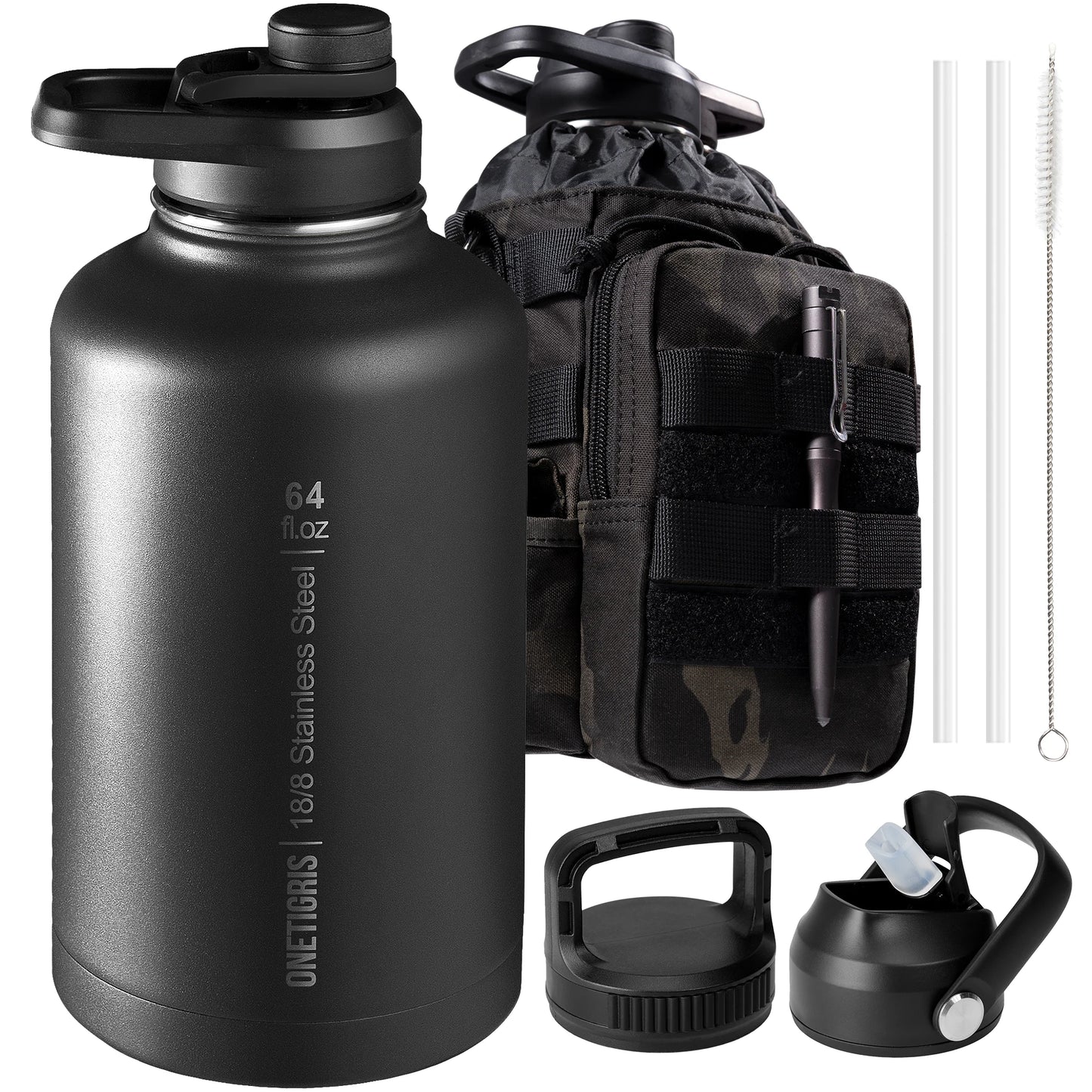 OneTigris 64oz Insulated Water Bottle, Stainless Steel Tactical Water Jug with 3 Lids, Straw, Leak-Proof Design & Carry Bag