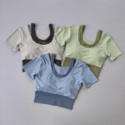 Women's Padded Yoga Shirts Short Sleeve Sports Crop Top Fitness Gym Workout T-Shirt Sexy Cropped Running Tights Clothing