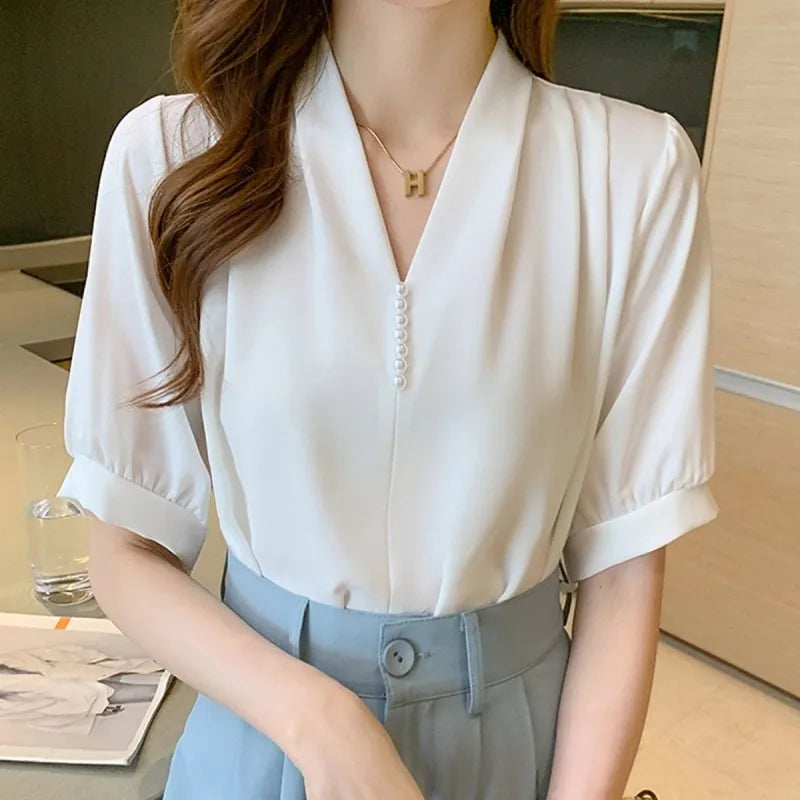 Women Summer Style Blouses Shirts Lady Casual Short Puff Sleeve V-Neck Beading Decor Blusas Tops WY1035