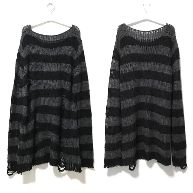 New Autumn Punk Gothic Long Unisex Sweater Women Striped Cool Hollow Out Hole Broken Jumper Loose Rock Thin Dark Streetwear Top