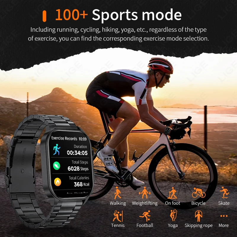 LIGE New Smart Watch LED Flashlight Military Sport Watches 2.01'' Screen Health Monitor Bluetooth Call Waterproof Smartwatch Men