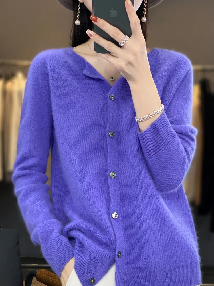 New Fashion 100% Merino Wool Women's O-neck Cardigan Cashmere Sweater 2025 Female Clothing Grace Knitwear Korean Tops
