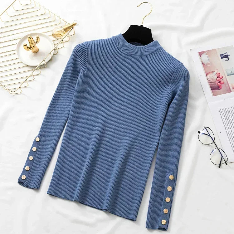 2025 Casual Women Sweater Pullovers Button Long Sleeve O-neck Chic Sweater Female Slim Knitted Soft Jumper Tops