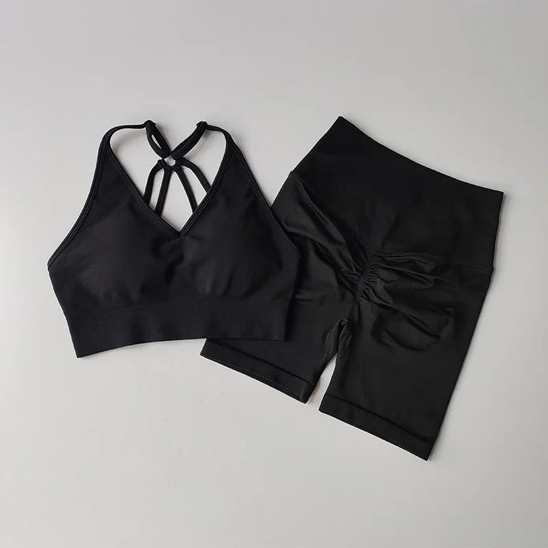 2 Pcs Yoga Sets Women High Waist Workout Outfits Gym Wear Gym Clothing Sports Suits Fitness Tracksuit Sportswear Shorts Suit