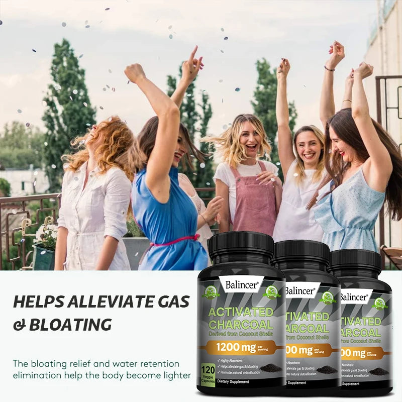 Activated Charcoal Capsules 1,200 Mg - Organic Coconut Shell, Helps Relieve Gas & Bloating, Detox & Bowel, Digestive Supplement