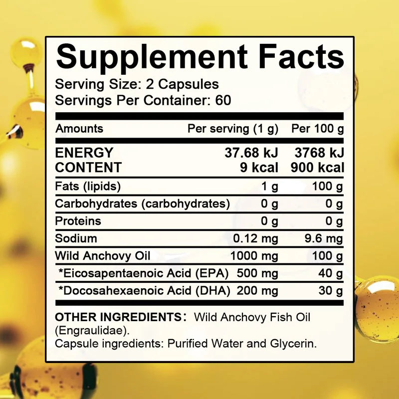 Omega 3, Fish Oil Supplement, Wild Anchovies, Heart Health, Brain Development, Dietary Supplement, 120 Capsules