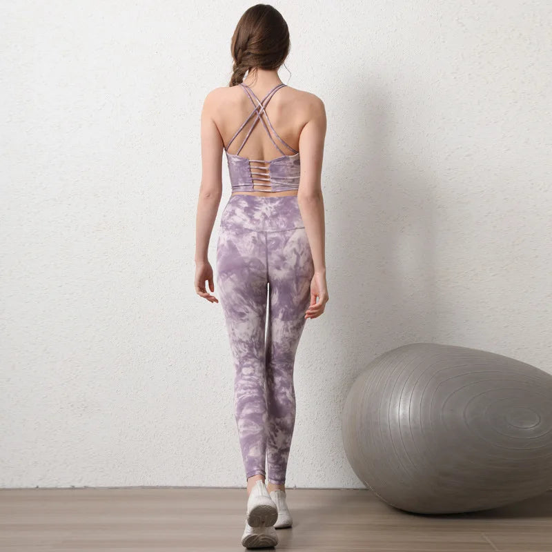 Women's High-Waist Hip-Lifting Seamless Yoga Sets Tie-Dye Sports Fitness Workout Gym Leggings with Beauty Back Bra Suits